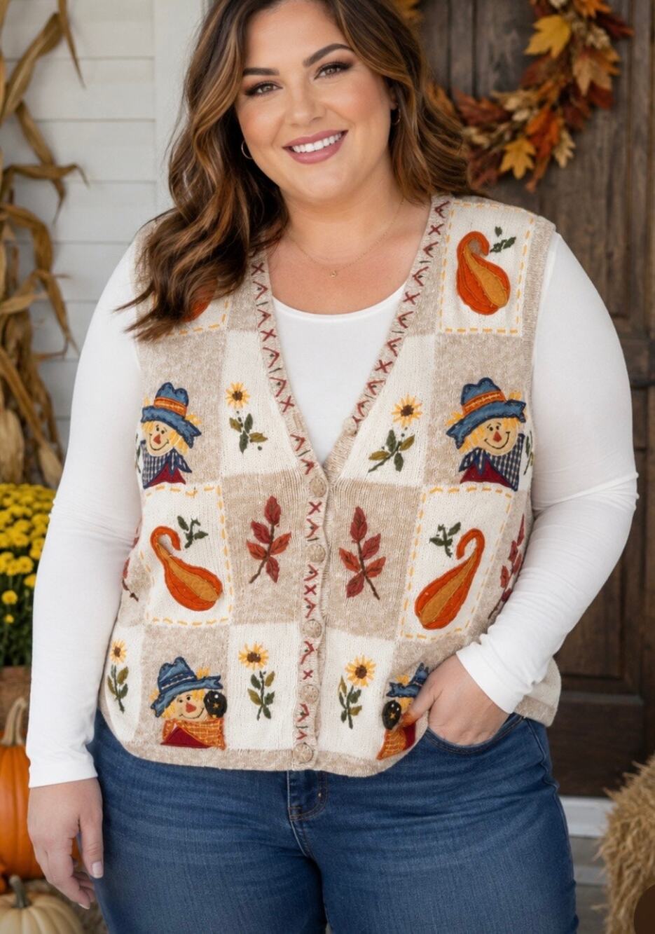 Vintage Bobbie Brooks Fall Sweater Vest 18W 20W Scarecrow Pumpkin Grannycore